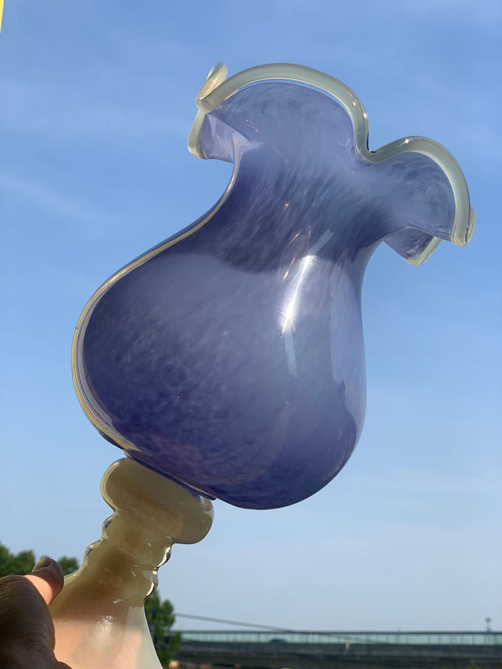Tall Hand-Blown Fluted Glass Vase with Ruffled Rim & Rounded Pedestal Base