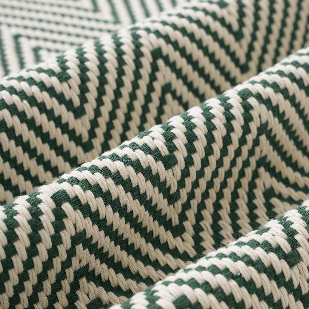 Woven runner and door mat set with herringbone structure and decorative fringes