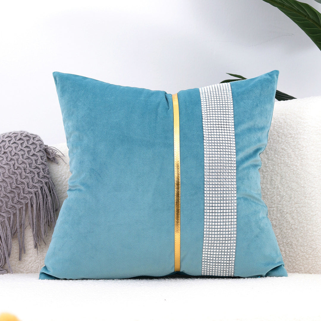 Decorative Velvet Square Throw Pillow with Metallic Trim and Rhinestone Band