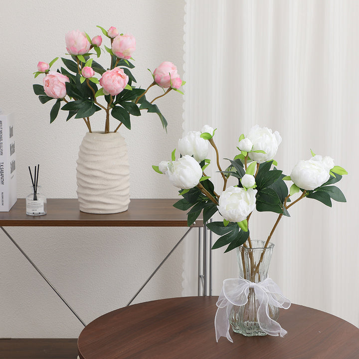 Artificial peony stem with lifelike flowers and leaves