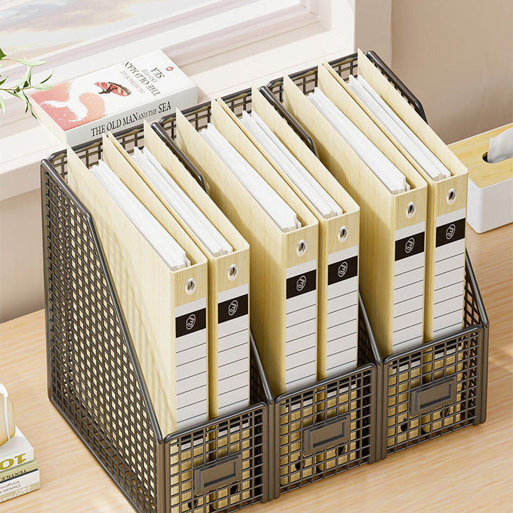 Desktop Mesh File Organizer with Vertical Magazine Slots and Label Holders