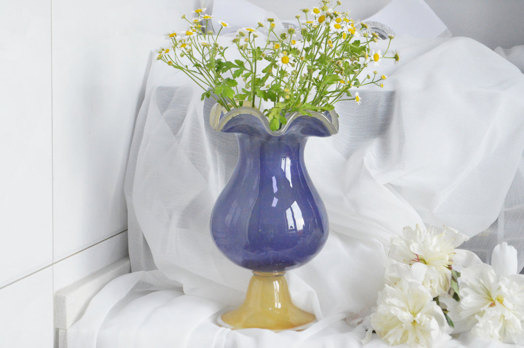 Tall Hand-Blown Fluted Glass Vase with Ruffled Rim & Rounded Pedestal Base