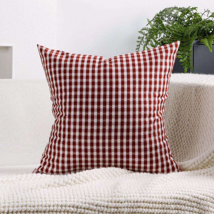 Gingham Check Cotton-Linen Square Throw Pillow Cover with Hidden Zipper