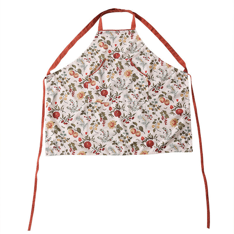 Bib apron made of sturdy cotton blend with adjustable neck strap and patch front pockets