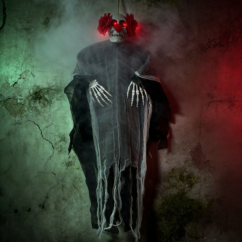 Creepy hanging decoration skeleton with glowing eyes