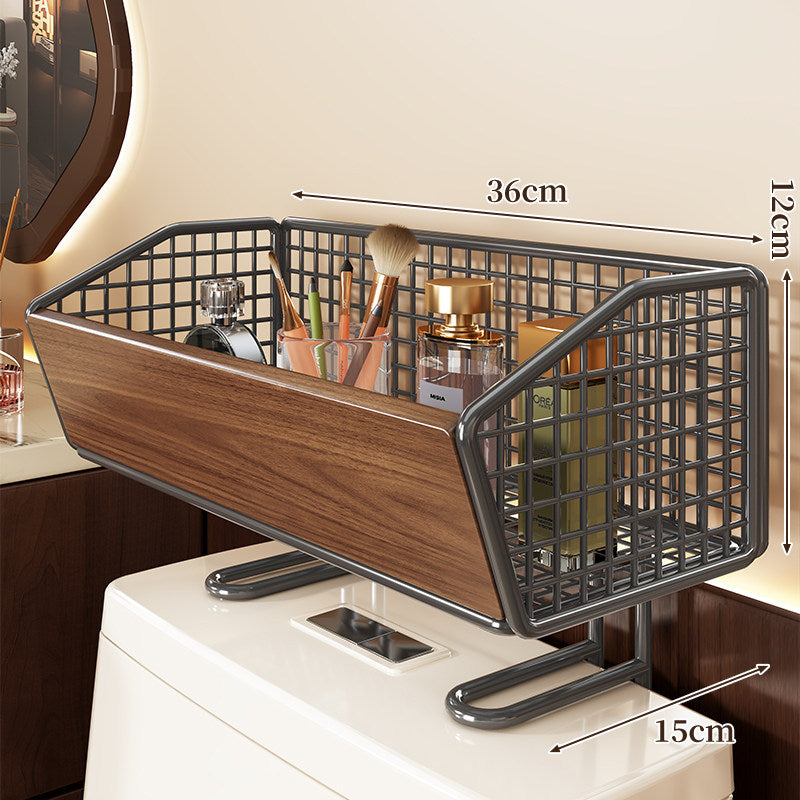 Bathroom Countertop Wire Mesh Vanity Organizer with Wood Panel and Elevated Stand
