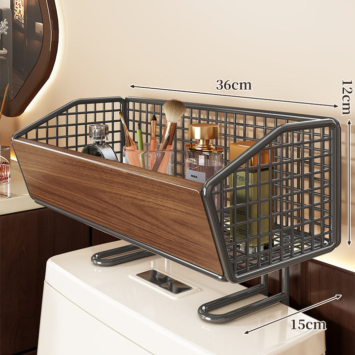 Bathroom Countertop Wire Mesh Vanity Organizer with Wood Panel and Elevated Stand