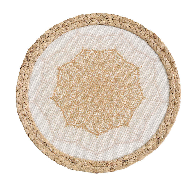 Round woven table mat made of jute with mandala cotton overlay