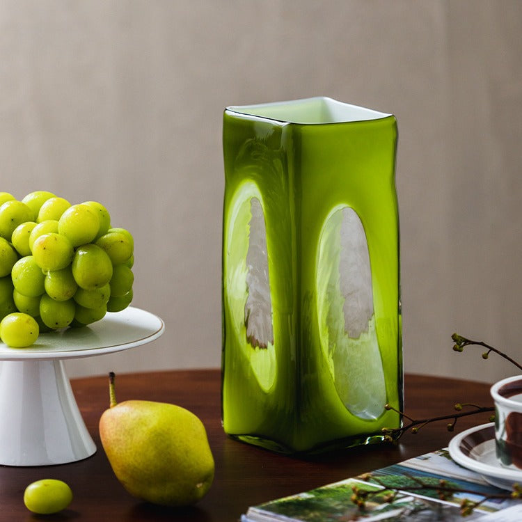 Rectangular Hand-Blown Decorative Glass Vase with Windowed Crystal Inset