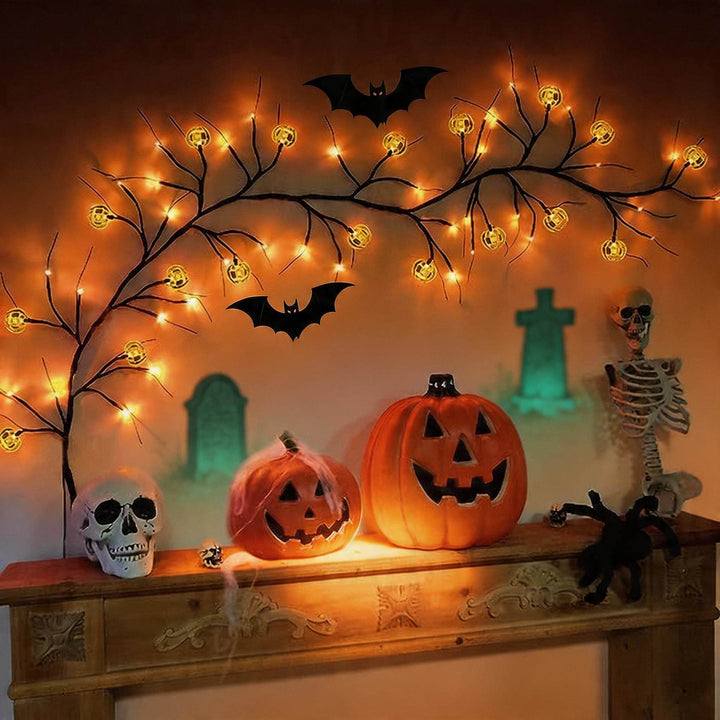 Halloween Branch LED String Lights with Jack-o'-Lantern Micro LED and Bat Silhouettes