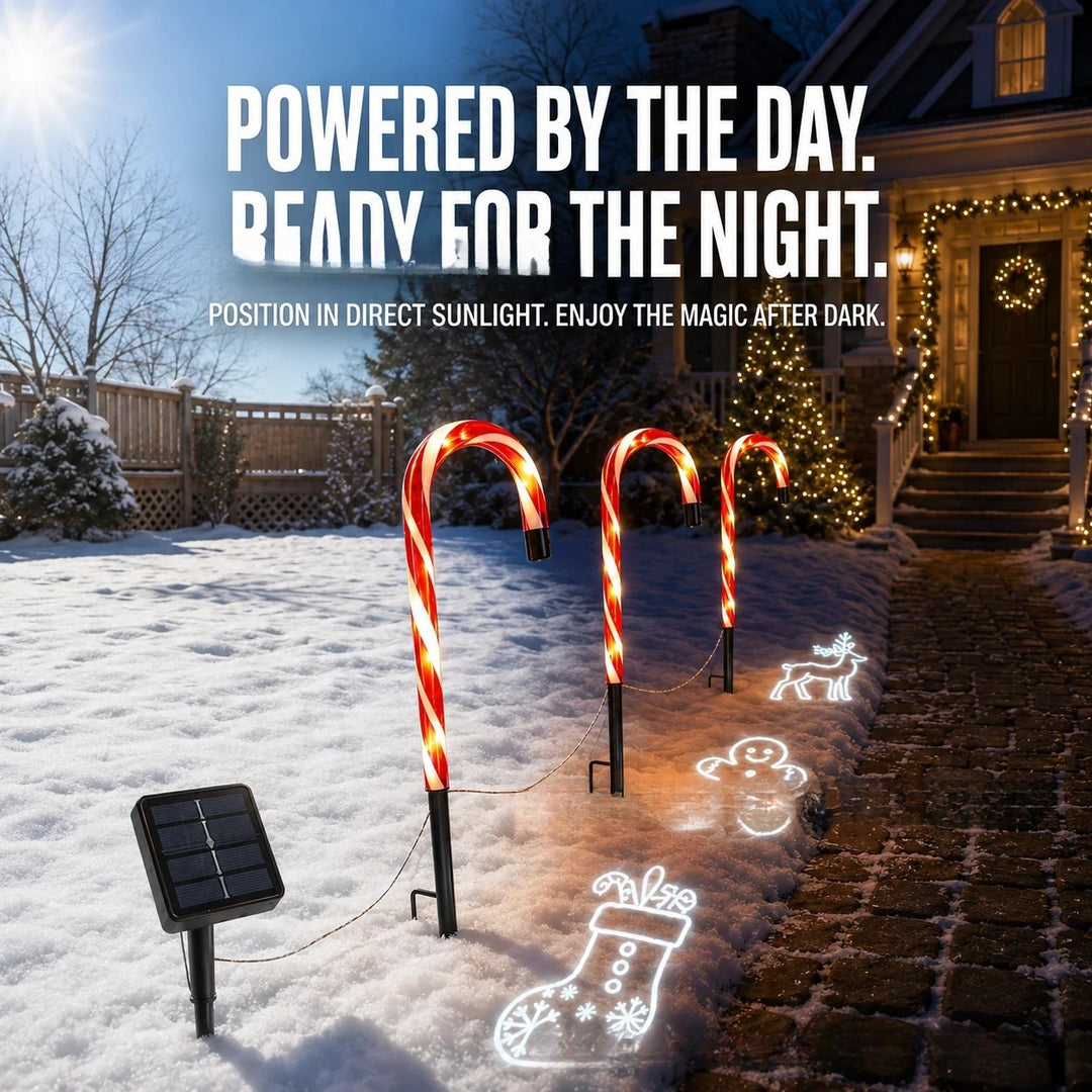 Solar-powered projecting candy cane path lights