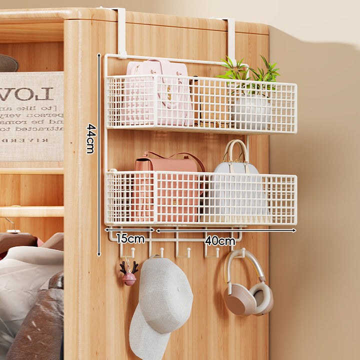 Over-the-Door Metal Grid Hanging Organizer with Four Stackable Baskets and Hooks