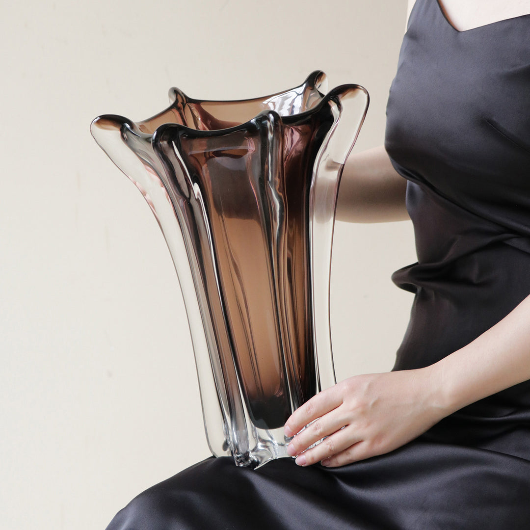 Tall Fluted Hand-Blown Sculptural Glass Centerpiece Vase