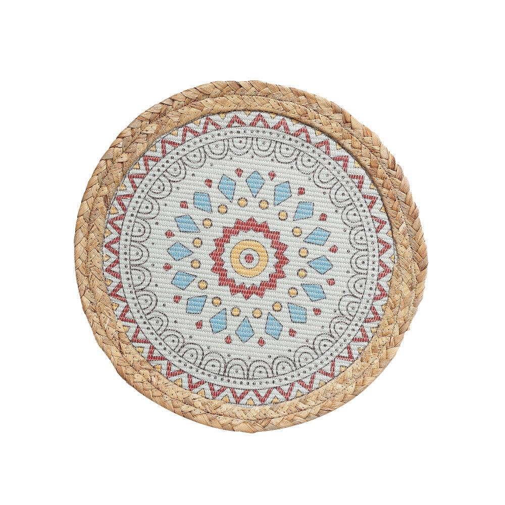 Round woven table mat made of jute with mandala cotton overlay
