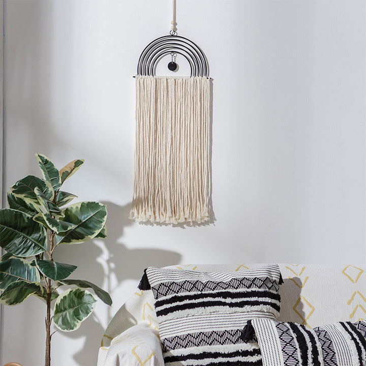 Boho macrame wall hanging with semicircle metal frame and long fringes