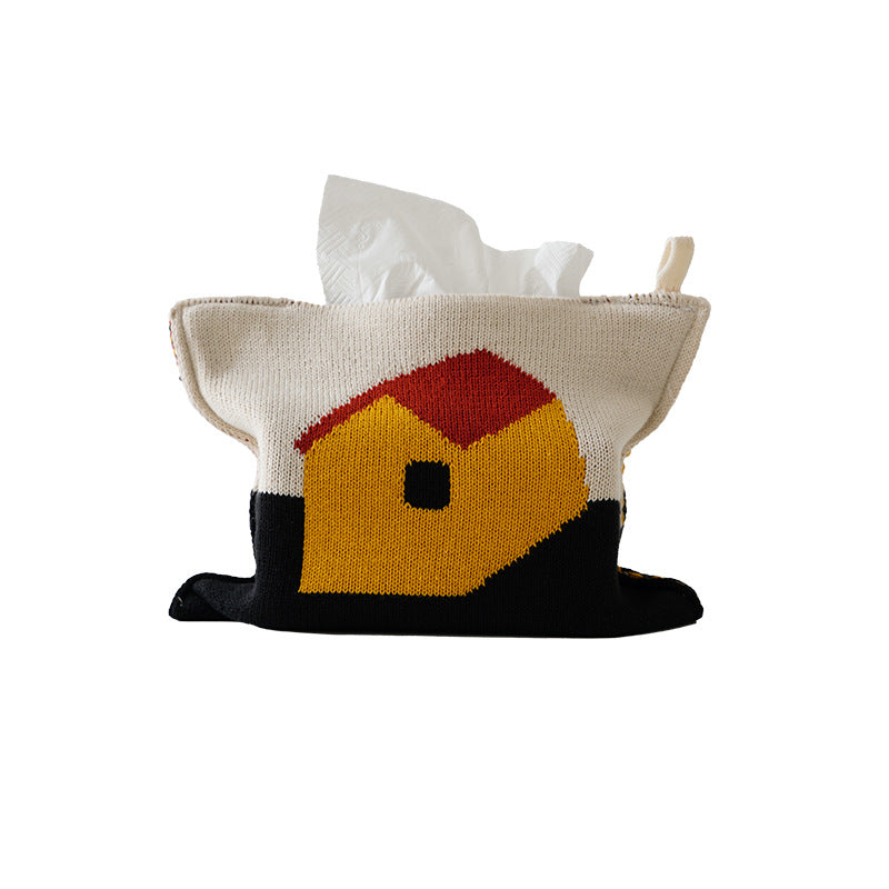 Knitted tissue box cover with geometric jacquard pattern and zipper