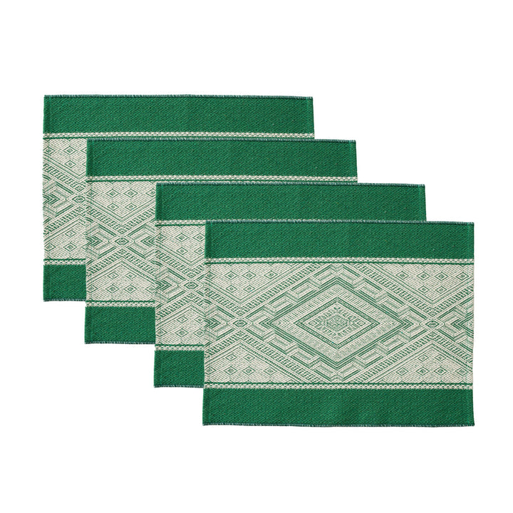 Woven rectangular table mats in a set with ethnic geometric pattern and easy-care cotton blend