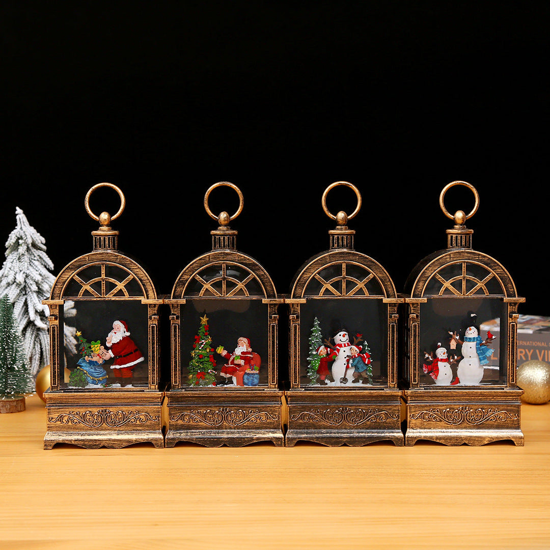 Nostalgic Christmas lantern with snowfall and moving Santa Claus scene