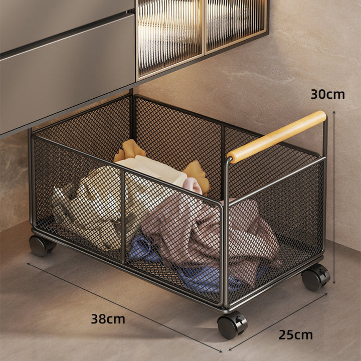 Large Rectangular Metal Mesh Utility Basket with Wooden Handle