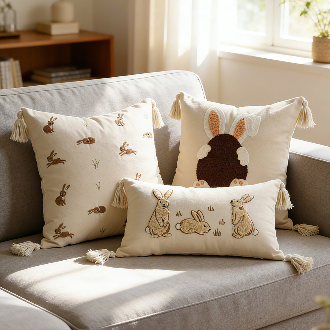 Embroidered Bunny Linen Blend Lumbar Throw Pillow with Tassel Corners