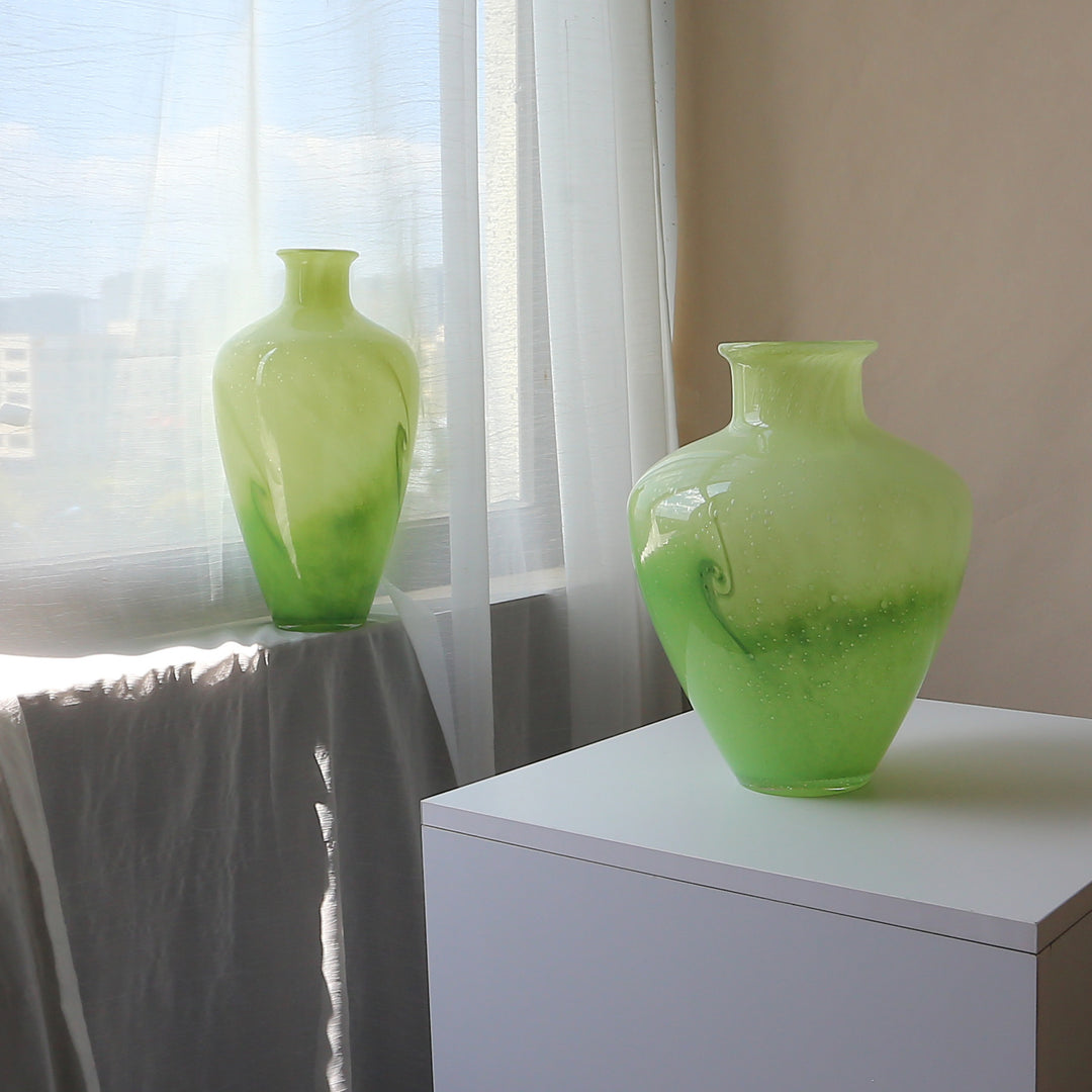 Hand-Blown Bulbous Decorative Glass Vase with Narrow Neck