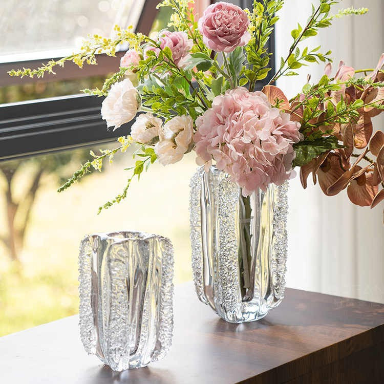 Contemporary Clear Art Glass Column Bud Vase with Crystalline Side Texture