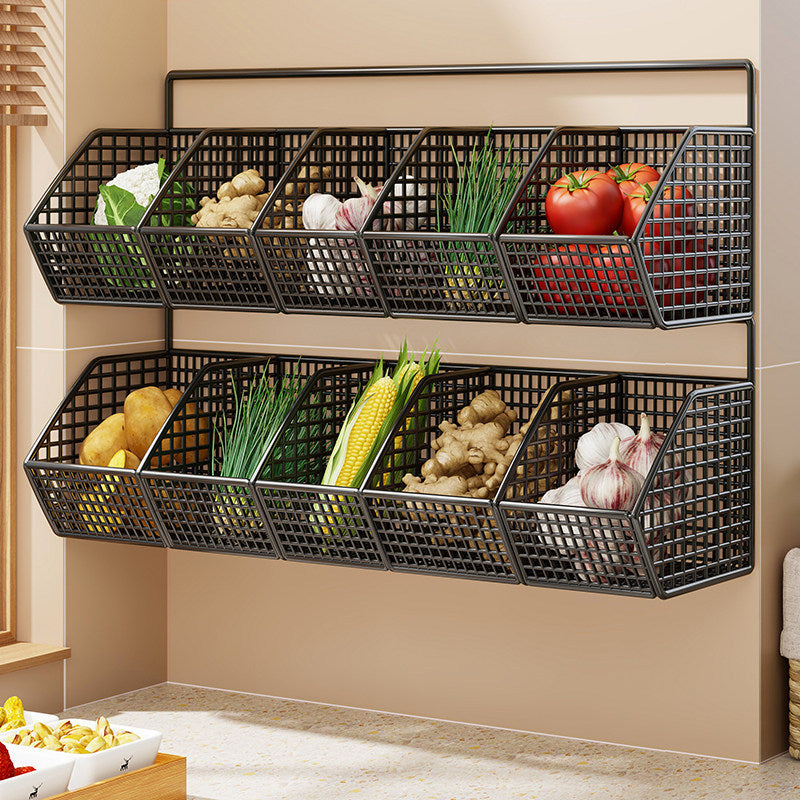 Wall-Mounted Double-Tier Grid Mesh Kitchen Storage Basket Organizer