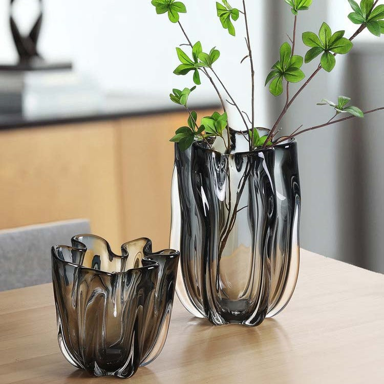 Hand-Blown Sculptural Rippled Glass Vase with Organic Ruffled Rim