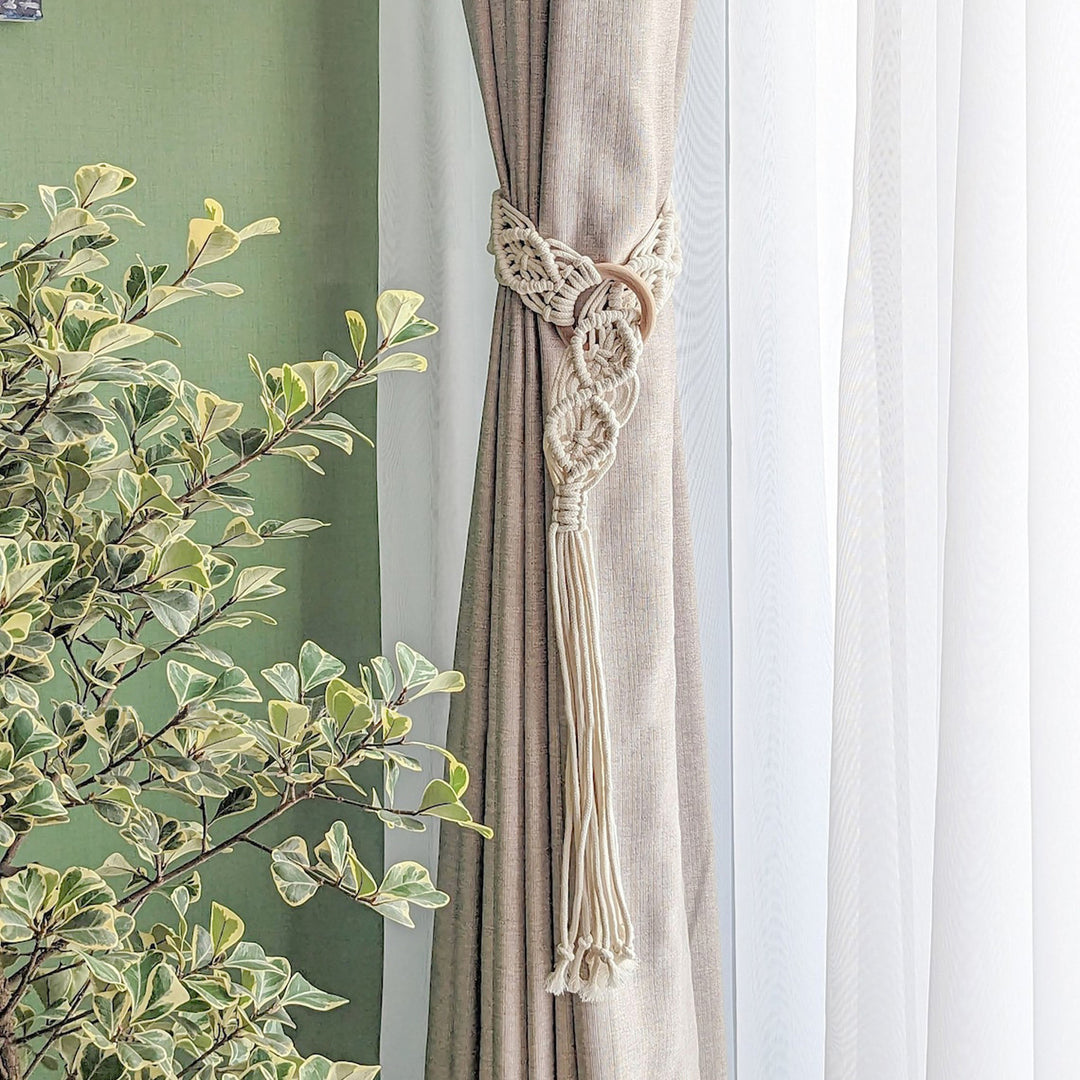 Macrame Curtain Tieback with Wooden Ring