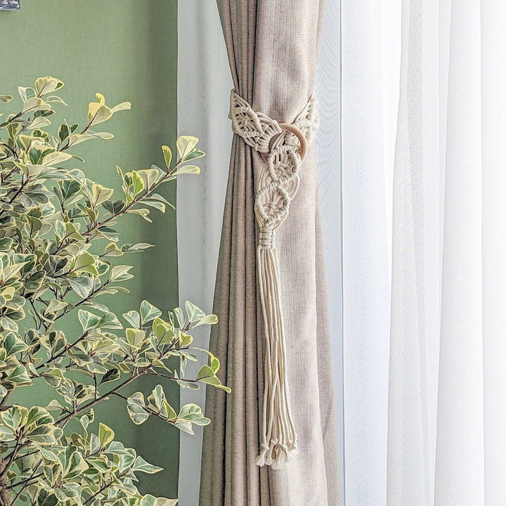 Macrame Curtain Tieback with Wooden Ring