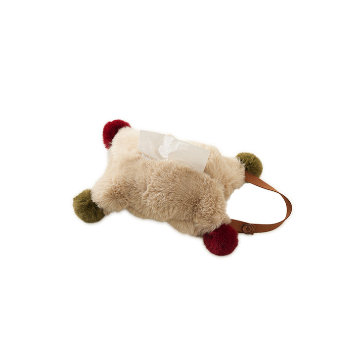 Handy tissue storage made of faux fur with leather handle and pompom