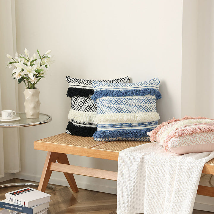 Woven decorative cushion cover with 3D dot structure and layered fringes
