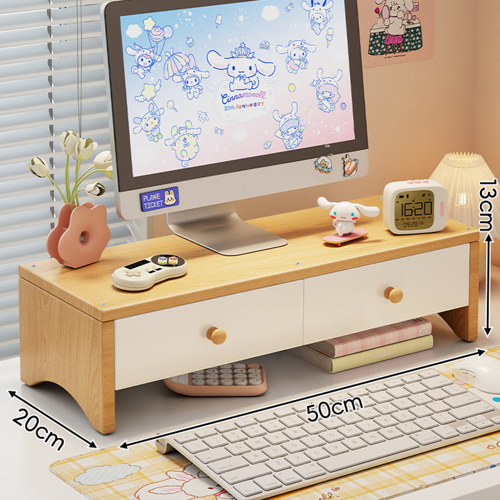Wooden Monitor Riser with Twin Drawers and Under-Keyboard Storage