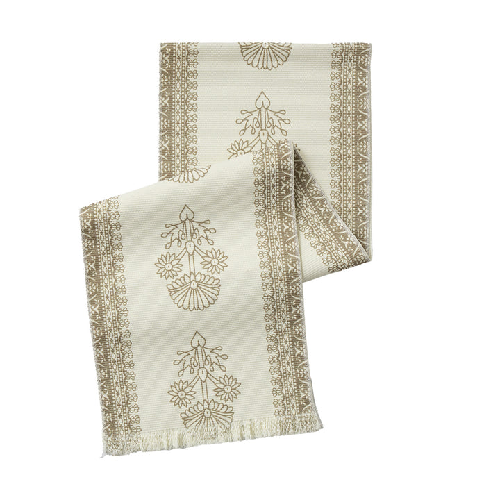 Vintage-inspired woven table runner with floral border and fringes