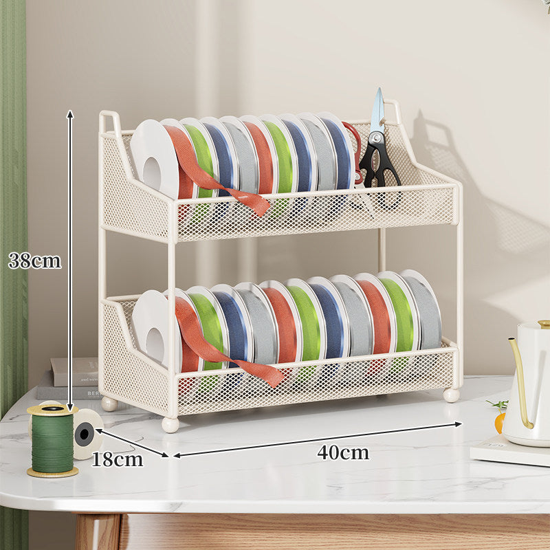 Metal Mesh Ribbon and Tape Spool Organizer with Integrated Scissor Slot