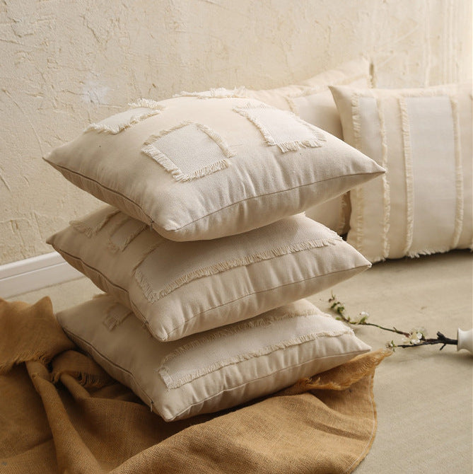 Fringed Patchwork Linen-Blend Square Decorative Throw Pillow Cover