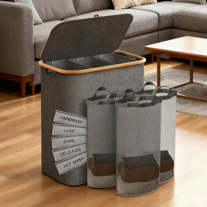Laundry separation system with bamboo lid and multiple compartments