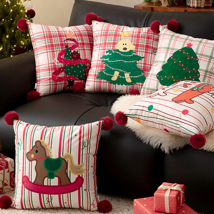 Square Christmas decorative cushion with pom-pom corners and printed dog design