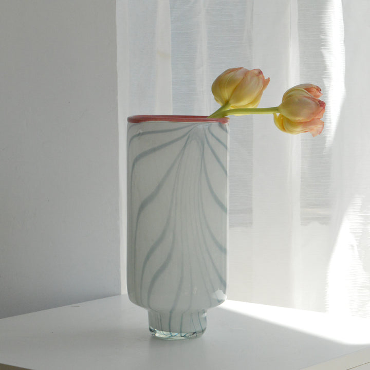 Tall Hand-Blown Pedestal Glass Centerpiece Vase with Swirl Ribbon Pattern