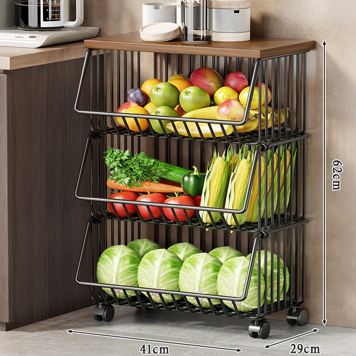 Vertical Five-Tier Rolling Kitchen Produce Storage Cart with Wooden Top and Pull-Out Wire Baskets