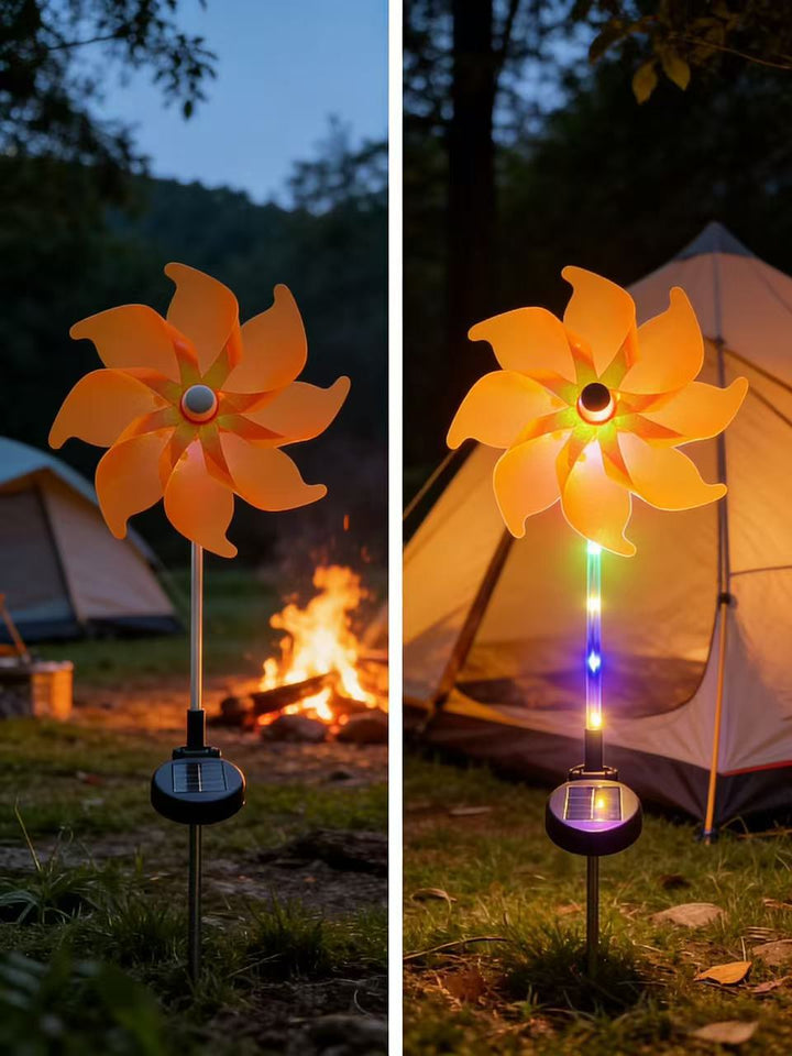 Solar-powered LED iridescent flower windmill garden stake