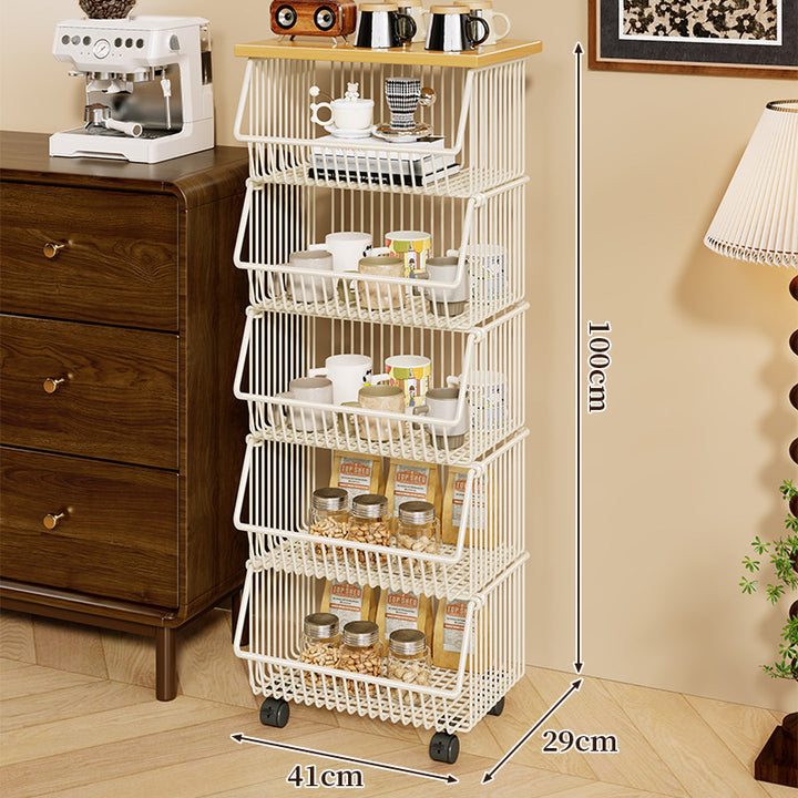 Four-Tier Industrial Wire Basket Cart with Wood Top and Swivel Locking Casters