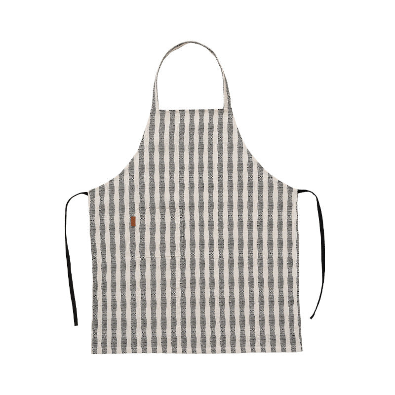 Linen-cotton blend kitchen apron with striped pattern and front pocket