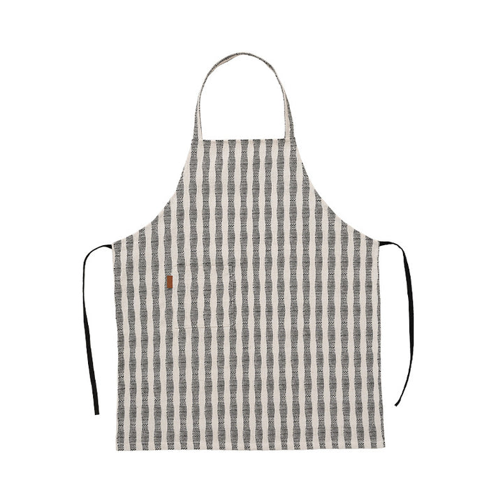 Linen-cotton blend kitchen apron with striped pattern and front pocket