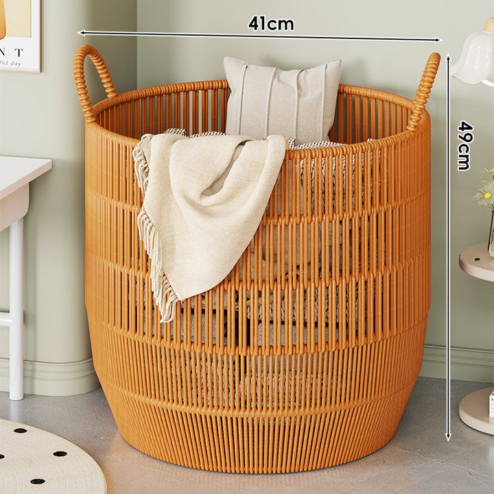 Handwoven Synthetic Rattan Round Laundry Hamper with Loop Handles