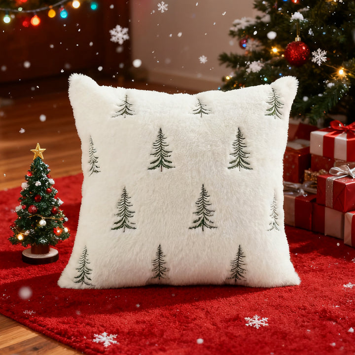 Embroidered Faux Fur Evergreen Decorative Throw Pillow Cover