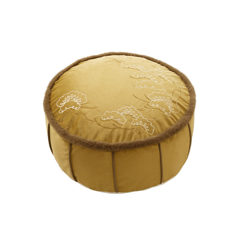 Round padded floor seat pouf with embroidered top and faux fur trim