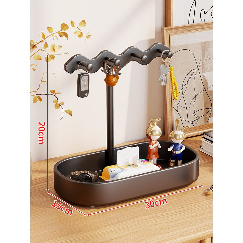 Wave-Top Vertical Jewelry and Key Organizer Tray with Multi-Hook Stand