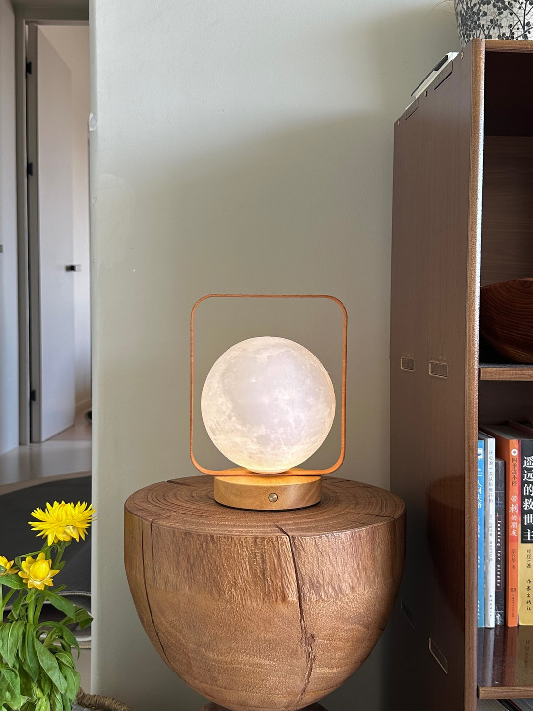 Moon Globe Ambient Table Lamp with Wooden Base and Copper Frame
