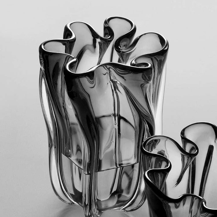 Hand-Blown Sculptural Rippled Glass Vase with Organic Ruffled Rim